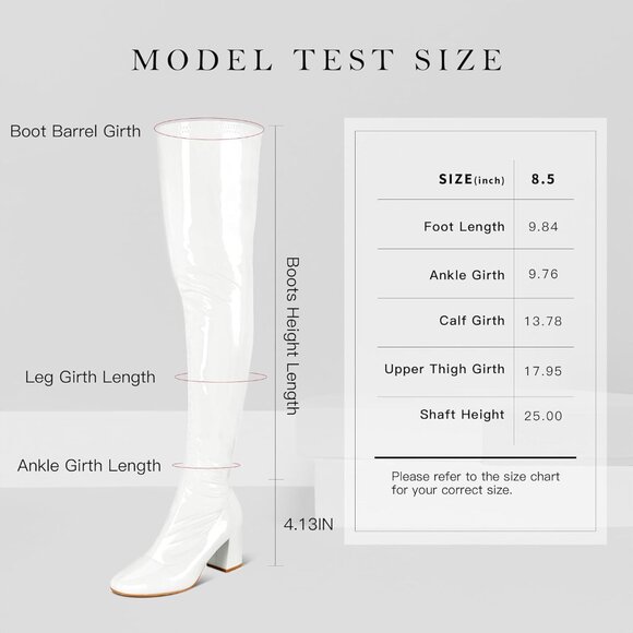 Women White Patent Leather PU Chunky Heel Over The Knee Square Toe Long Boot - Picture 2 of 6